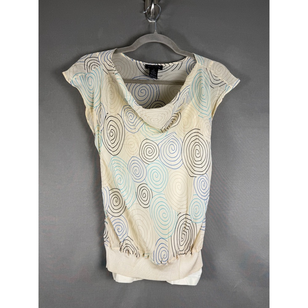 The Limited Silk Blouse Women Small Cream Blue Swirl Cowl Neck Cap Sleeve Top